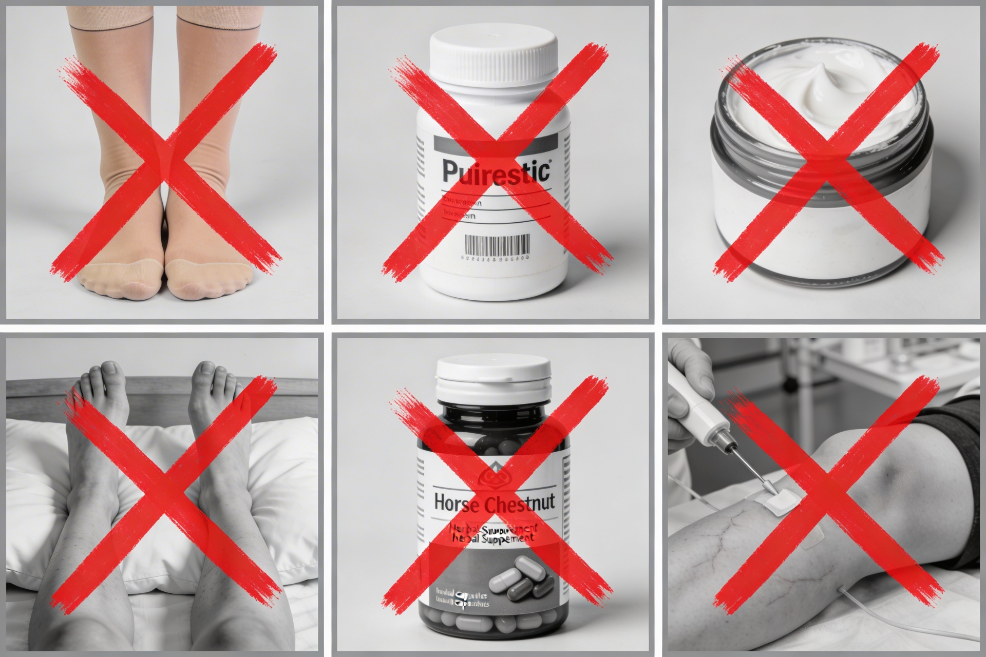 Failed vein treatments. Compression socks, supplements, creams, elevation, horse chestnut, and injections all crossed out